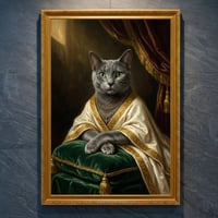 猫（ロシアンブルー）のルネサンス風肖像画 A4金縁額装インテリア壁掛け