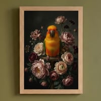 インコ（ナナイロメキシコインコ）の花の油絵風アート A4額装インテリア壁掛け