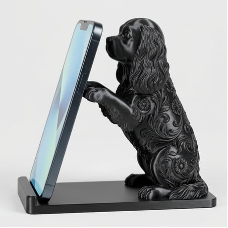 犬（キャバリア）のスマホスタンド 卓上 シルクブラック