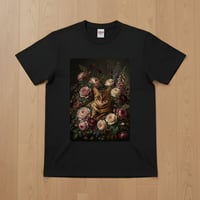猫（ベンガル）半袖Tシャツ 花の油絵風アート ブラック 男女兼用