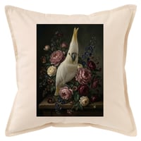 インコ（キバタン）クッション 45cm 花の油絵風カラーアート