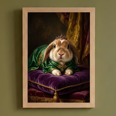 うさぎ（ミニロップ）のルネサンス風肖像画 油絵風アートA4額装インテリア壁掛け