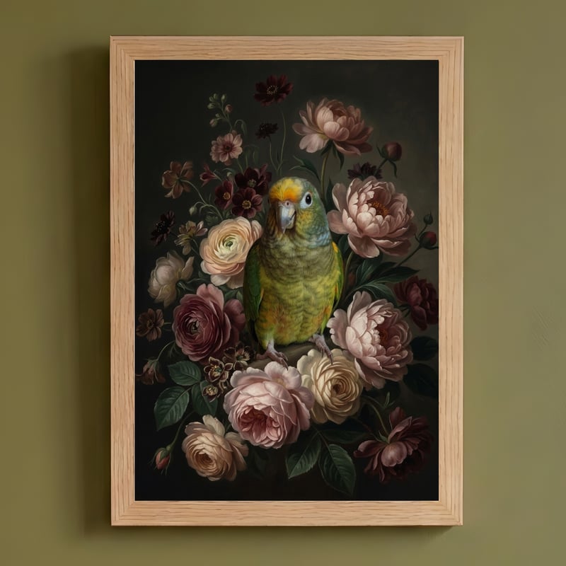 インコ（メイヤーズパロット）の花に囲まれた油絵風アート A4額装