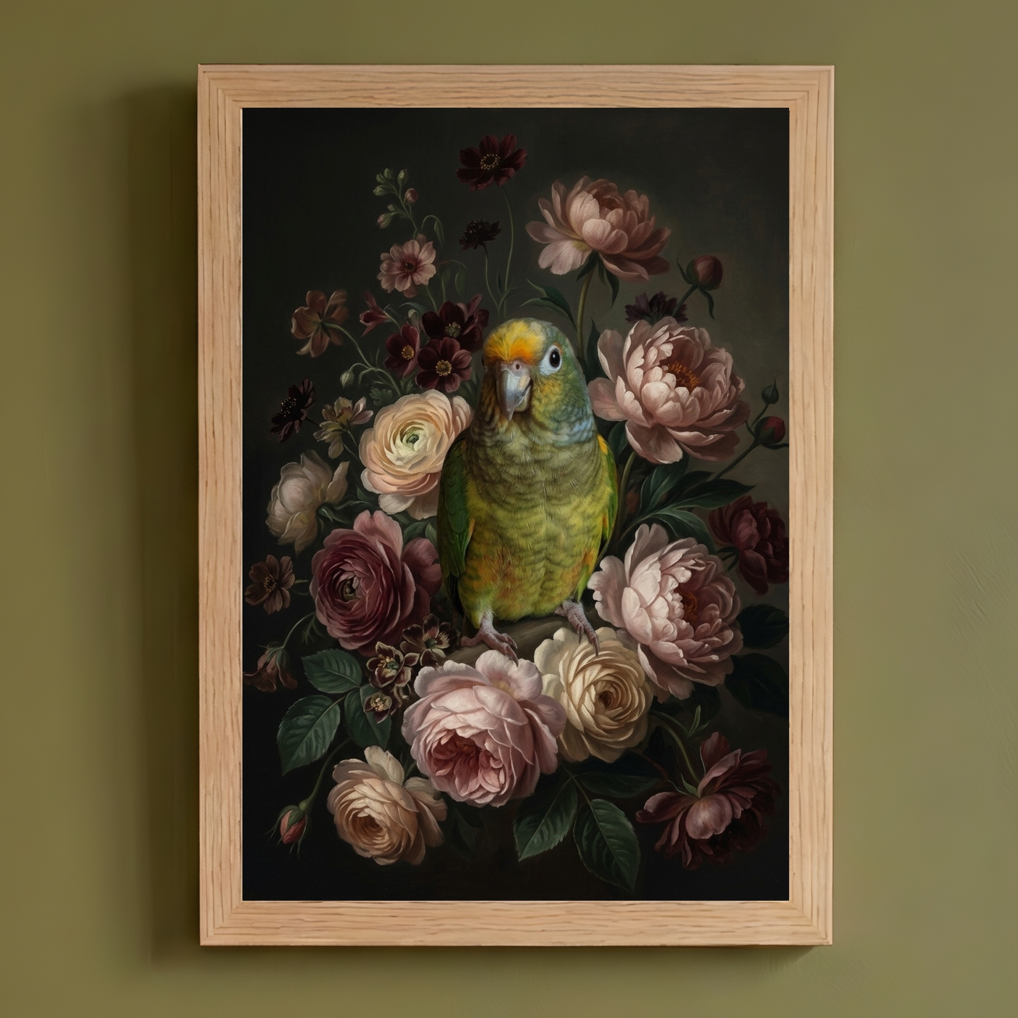 インコ（メイヤーズパロット）の花に囲まれた油絵風アート A4額装