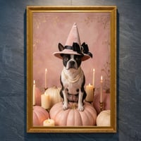 犬（ボストンテリア）のハロウィン限定アート A4金縁額装インテリア壁掛け