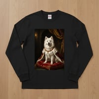 犬（サモエド）長袖Tシャツ ルネサンス風カラーアート ブラック 男女兼用