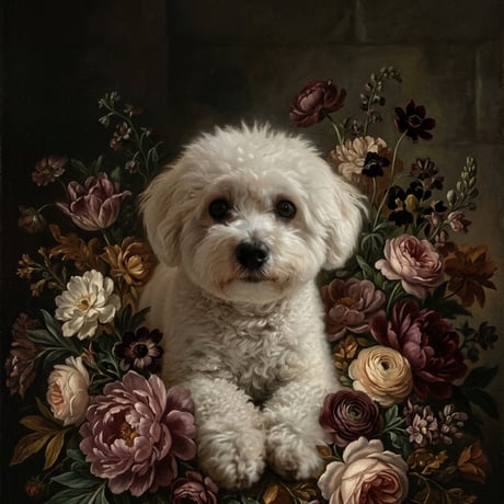 犬（ビションフリーゼ）の花に囲まれた油絵風アート A4額装インテリア壁掛け