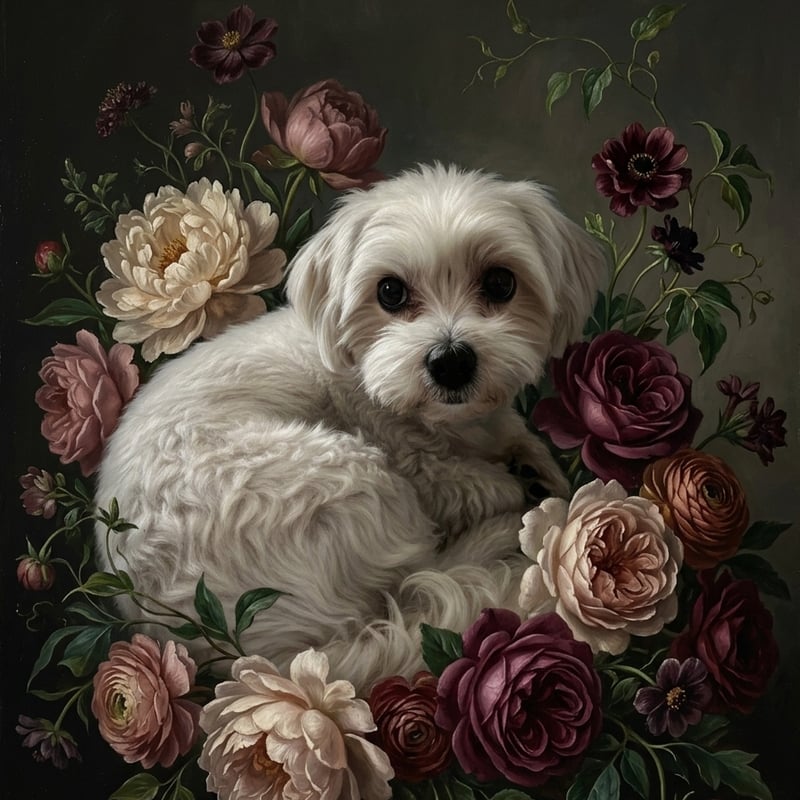 犬（マルチーズ）の花に囲まれた油絵風アート A3額装インテリア壁掛け