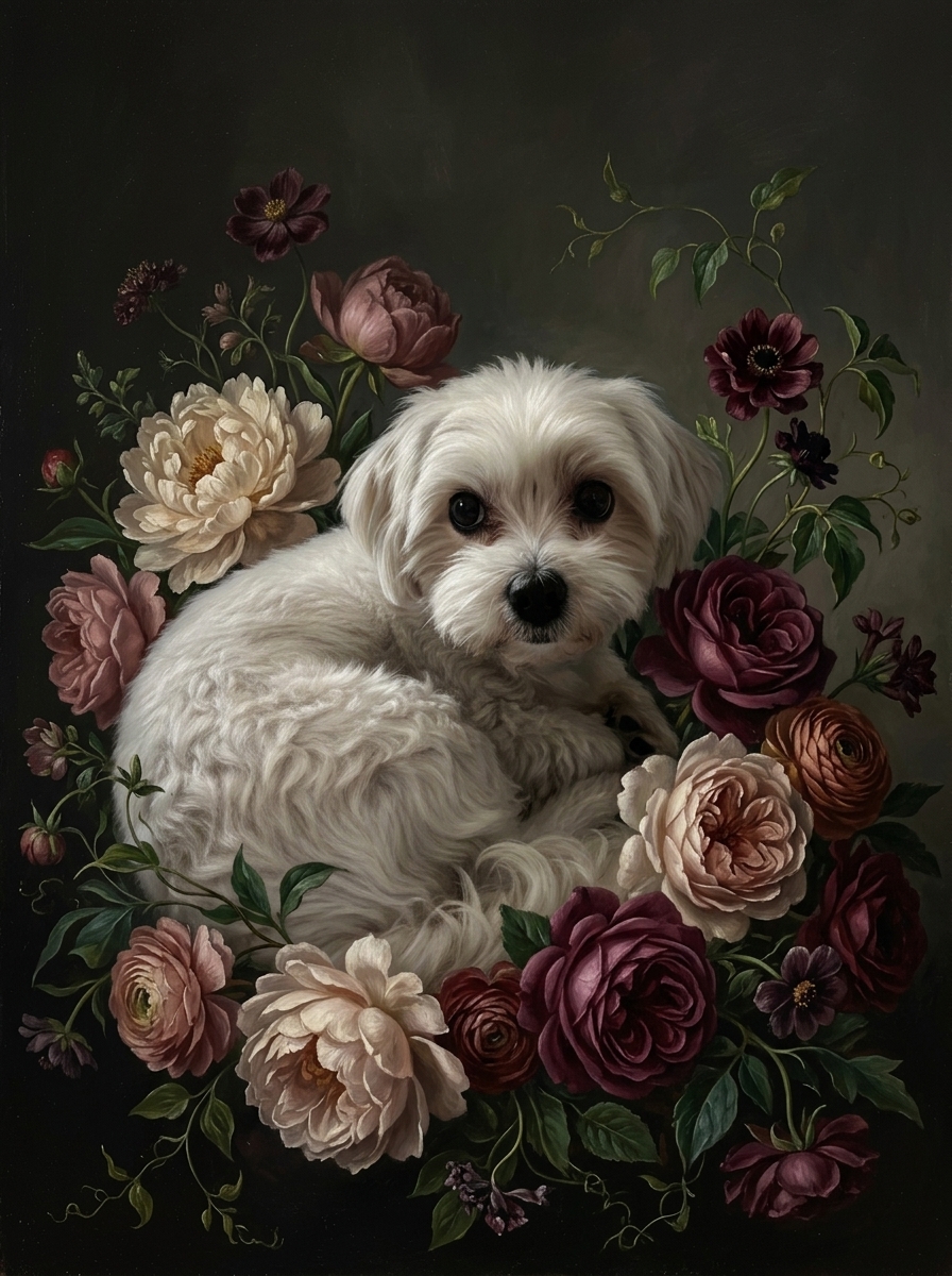 犬（マルチーズ）の花に囲まれた油絵風アート A3額装インテリア壁掛け