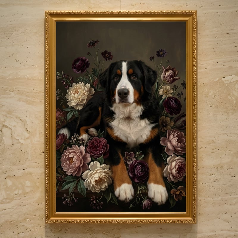 犬（バーニーズマウンテンドッグ）の花の油絵風アート A3額装