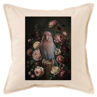 インコ（アキクサインコ）クッション 45cm 花の油絵風カラーアート