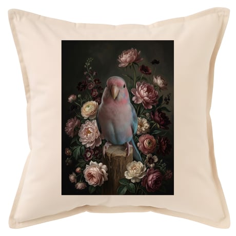 インコ（アキクサインコ）クッション 45cm 花の油絵風カラーアート
