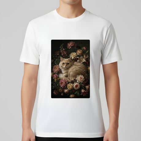 猫（ペルシャ猫）半袖Tシャツ 花の油絵風アート ホワイト 男女兼用