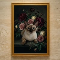 猫（シャム猫）の花に囲まれた油絵風アート A3額装インテリア壁掛け