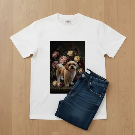 犬（シーズー）半袖Tシャツ 花の油絵風アート ホワイト 男女兼用