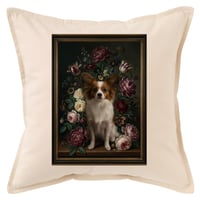 犬（パピヨン）クッション 45cm 花の油絵風カラーアート