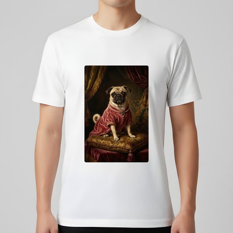 犬（パグ）半袖Tシャツ ルネサンス風カラーアート ホワイト 男女兼用