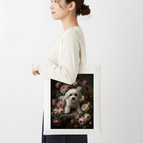 犬（マルチーズ）トートバッグ 花の油絵風アート キャンバス地