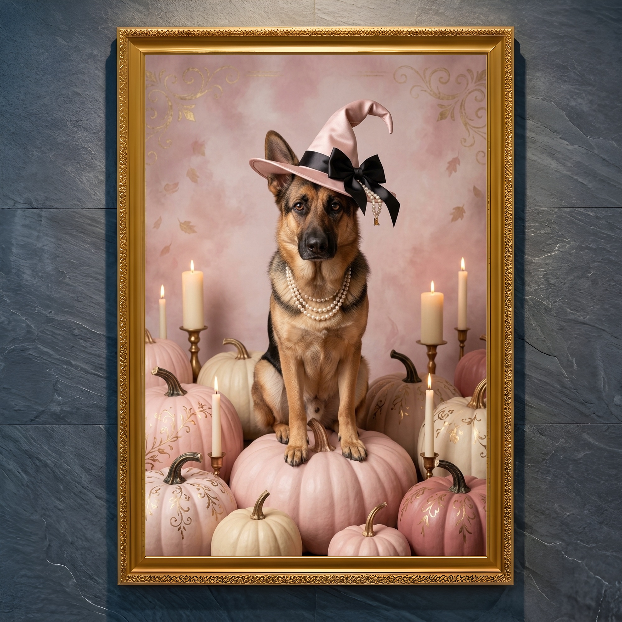 犬（ジャーマンシェパード）のハロウィン限定アート A4金縁額装