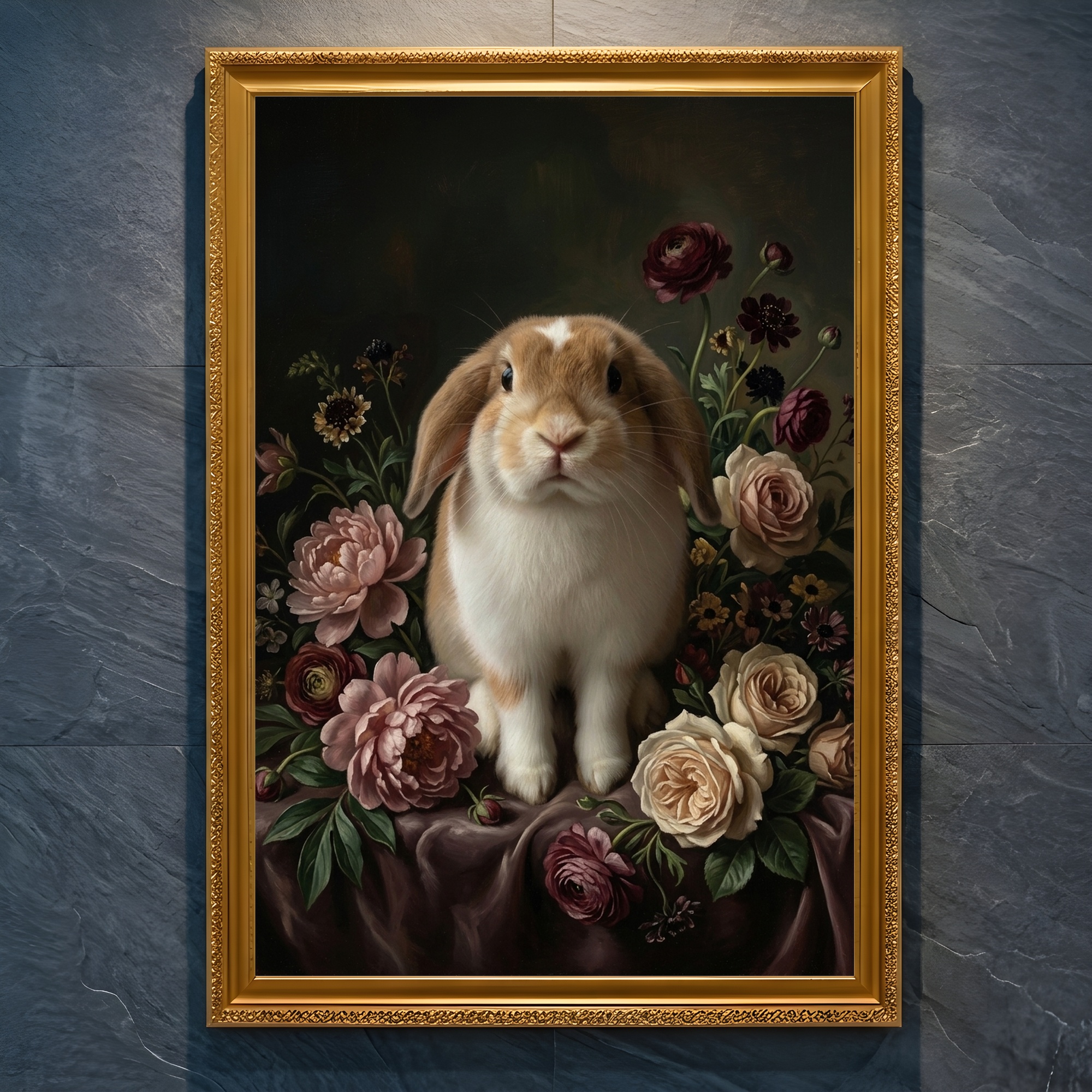 うさぎ（ミニロップ）の花に囲まれた油絵風アート A4金縁額装