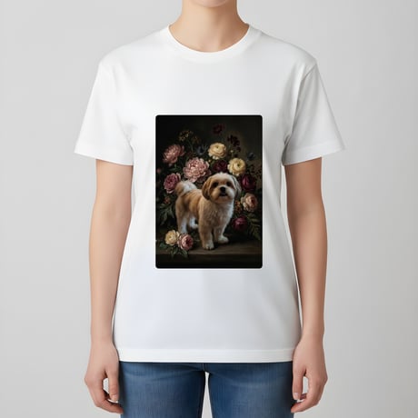 犬（シーズー）半袖Tシャツ 花の油絵風アート ホワイト 男女兼用