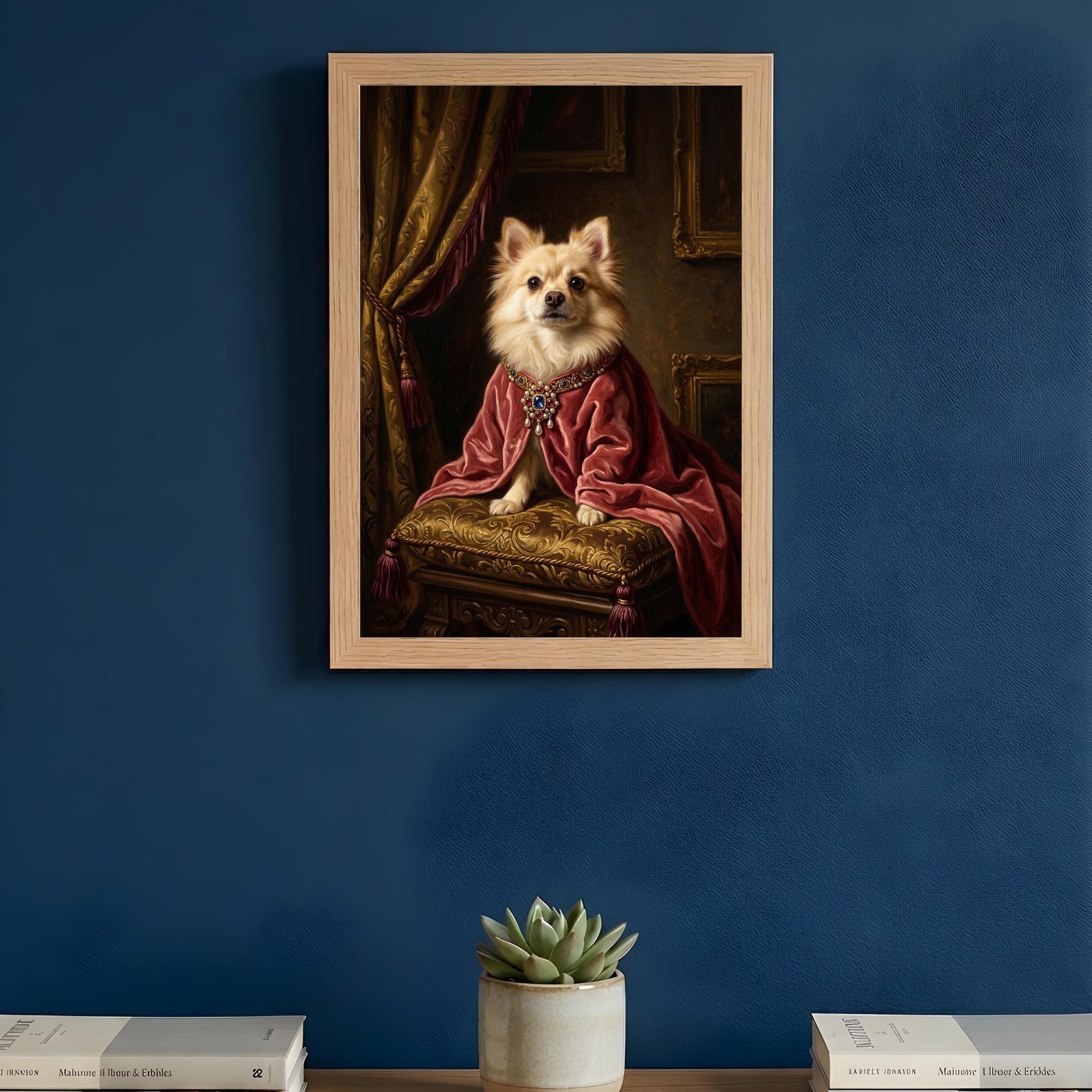 犬（ポメラニアン）のルネサンス風肖像画 油絵風アートA4額装