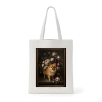 犬（ポメラニアン）トートバッグ 花の油絵風アート キャンバス地