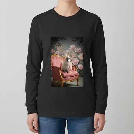 インコ（タイハクオウム）長袖Tシャツ ロココ調シャビーピンク ブラック 男女兼用
