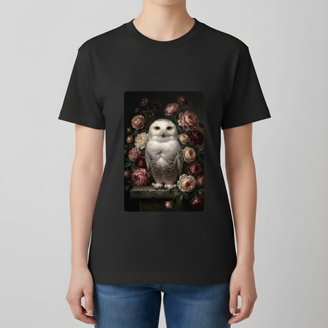 シロフクロウ半袖Tシャツ 花の油絵風アート ブラック 男女兼用