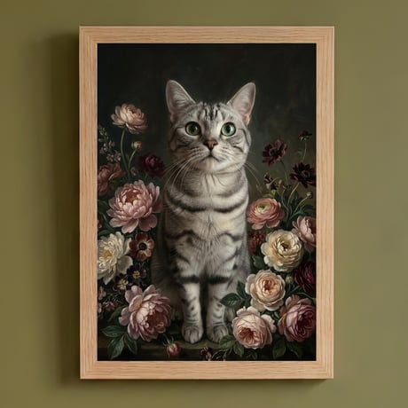 猫（アメリカンショートヘア）の花に囲まれた油絵風アート A4額装インテリア壁掛け
