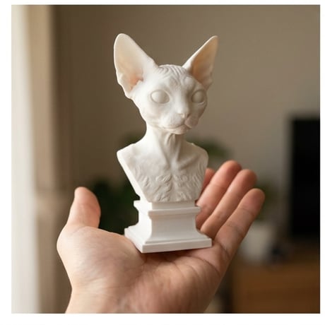 猫（デボンレックス）の3Dプリント胸像 白PLA 彫刻 置物 インテリア