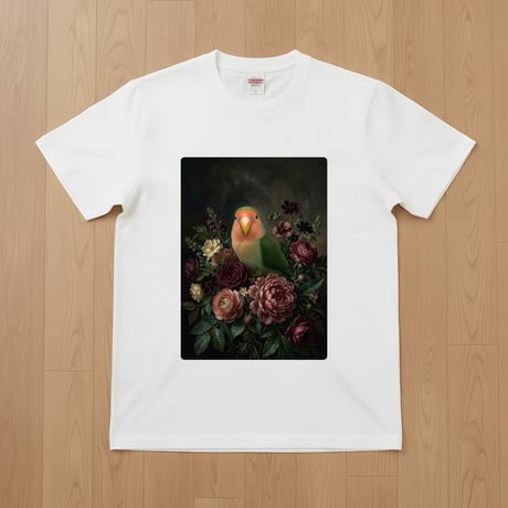 インコ（コザクラインコ）半袖Tシャツ 花の油絵風アート ホワイト 男女兼用