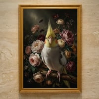 インコ（オカメインコ）の花に囲まれた油絵風アート A3額装インテリア壁掛け