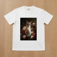 猫（バリニーズ）半袖Tシャツ 花の油絵風アート ホワイト 男女兼用