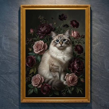 猫（ラグドール）の花に囲まれた油絵風アート A4金縁額装インテリア壁掛け