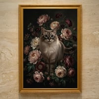 猫（ラグドール）の花に囲まれた油絵風アート A3額装インテリア壁掛け