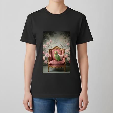 ワカケホンセイインコ半袖Tシャツ ロココ調シャビーピンク ブラック 男女兼用