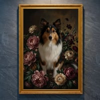 犬（シェットランドシープドッグ）の花の油絵風アート A4金縁額装インテリア壁掛け