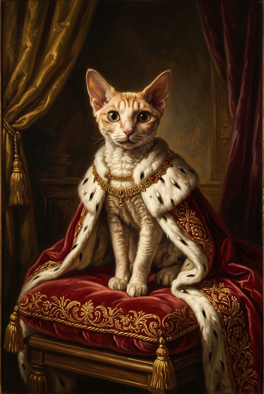 猫（デボンレックス）のルネサンス風肖像画 油絵風アートA3額装