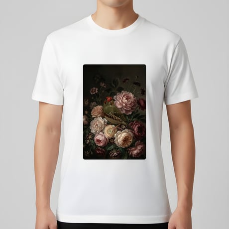アサヒスズメ半袖Tシャツ 花の油絵風アート ホワイト 男女兼用