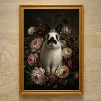 うさぎ（ヒマラヤン）の花に囲まれた油絵風アート A3額装インテリア壁掛け