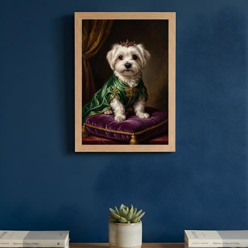 犬（マルチーズ）のルネサンス風肖像画 油絵風アートA4額装インテリア
