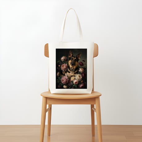 犬（ジャーマンシェパード）トートバッグ 花の油絵風アート キャンバス地