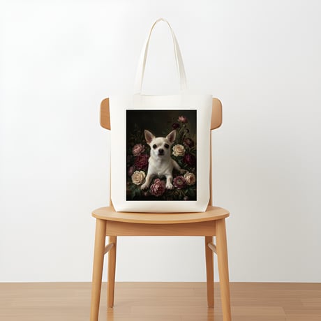 犬（チワワ）トートバッグ 花の油絵風アート キャンバス地