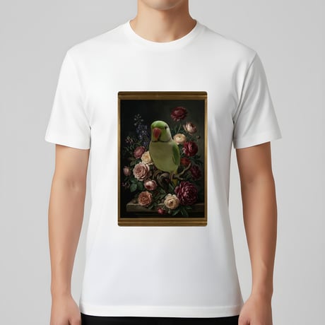 インコ（インドオオハナインコ）半袖Tシャツ 花の油絵風アート ホワイト 男女兼用