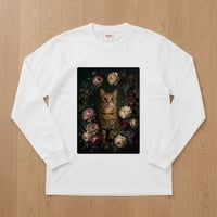 猫長袖Tシャツ 花の油絵風アート ホワイト 男女兼用