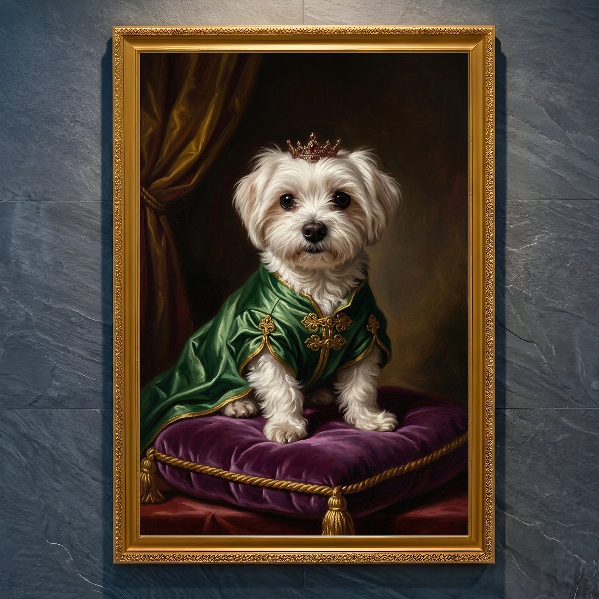 犬（マルチーズ）のルネサンス風肖像画 油絵風アートA4金縁額装