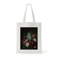 インコ（サザナミインコ）トートバッグ 花の油絵風アート キャンバス地