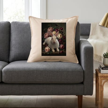 うさぎ（ニュージーランドホワイト）クッション 45cm 花の油絵風カラーアート