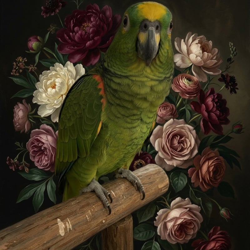 インコ（キエリボウシインコ）の花の油絵風アート A4金縁額装